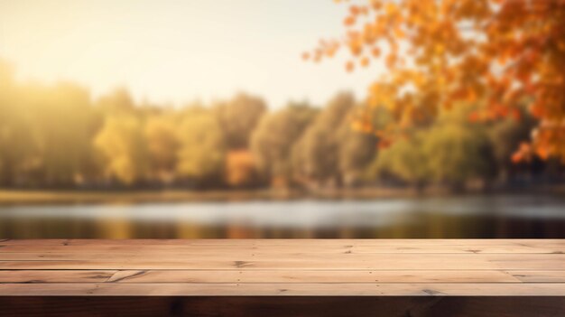 Mesa de madera vacía sobre la naturaleza borrosa del lago bokeh