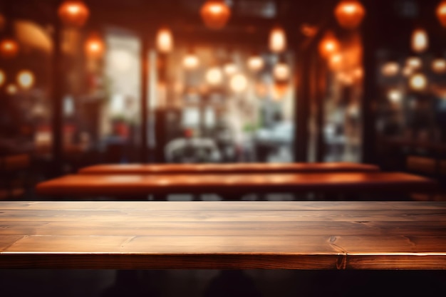 Foto mesa de madera vacía con un telón de fondo al aire libre borroso