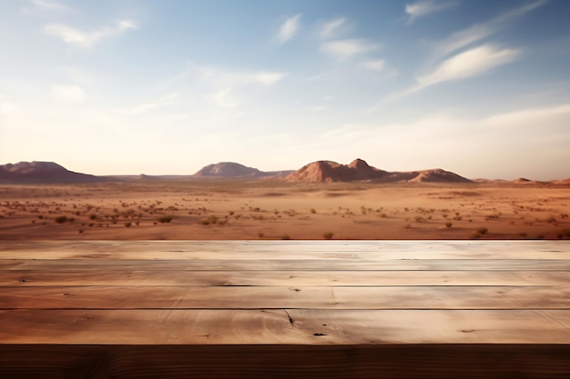 Mesa de madera vacía con un telón de fondo al aire libre borroso