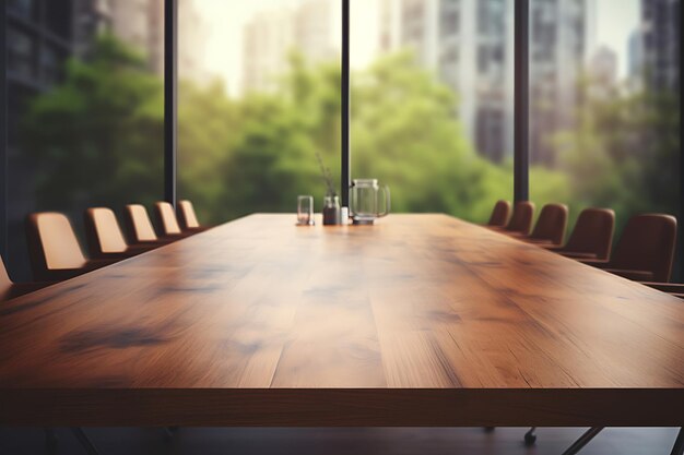 Mesa de madera vacía con un telón de fondo al aire libre borroso