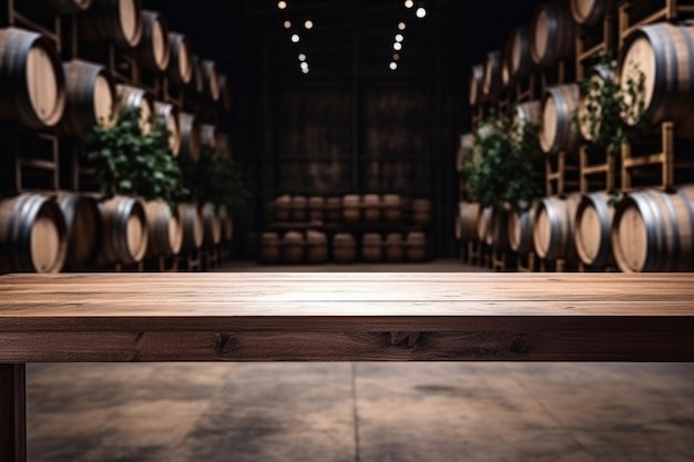 mesa de madera vacía con el telón de fondo de un enorme hangar de vinos