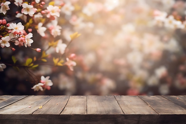 Mesa de madera vacía con un telón de fondo floral borroso