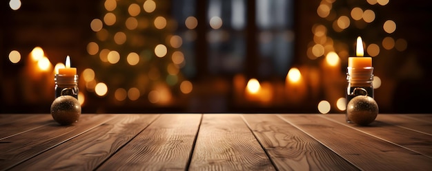 Mesa de madera vacía con tema navideño en el fondo