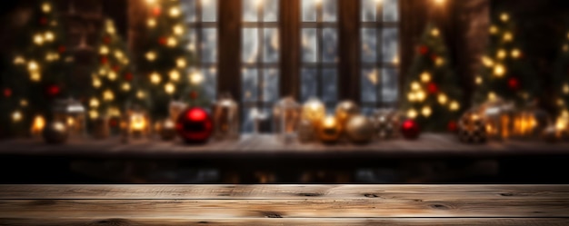 Mesa de madera vacía con tema navideño en el fondo