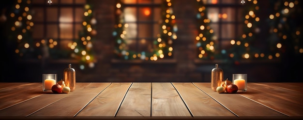 Mesa de madera vacía con tema navideño en el fondo