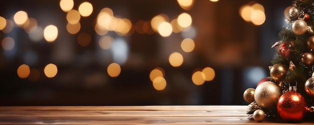 Mesa de madera vacía con tema navideño en el fondo