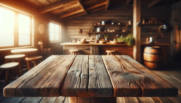 Una mesa de madera vacía con un tema navideño en el fondo