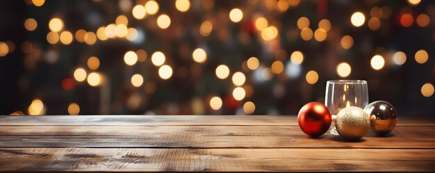 Foto mesa de madera vacía con tema navideño en segundo plano.