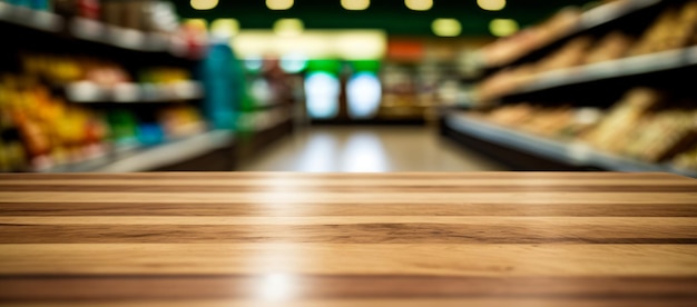 Una mesa de madera vacía en una tienda de comestibles IA generativa