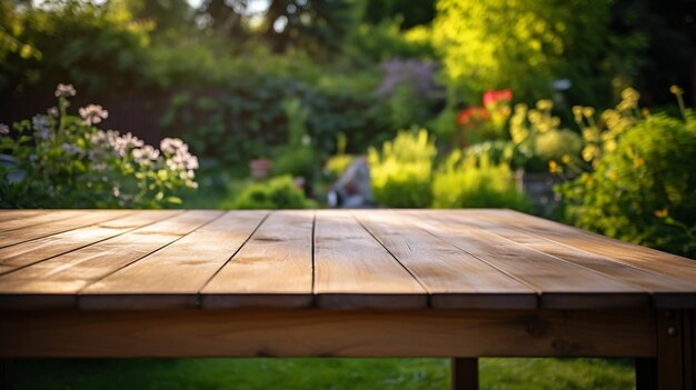 Mesa de madera vacía en verde abstracto borroso con fondo de jardín y casa Para la exhibición de productos de montaje