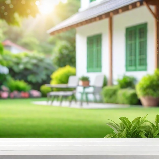 Foto mesa de madera vacía con verde abstracto borroso del jardín en el fondo matutino generado por la ia