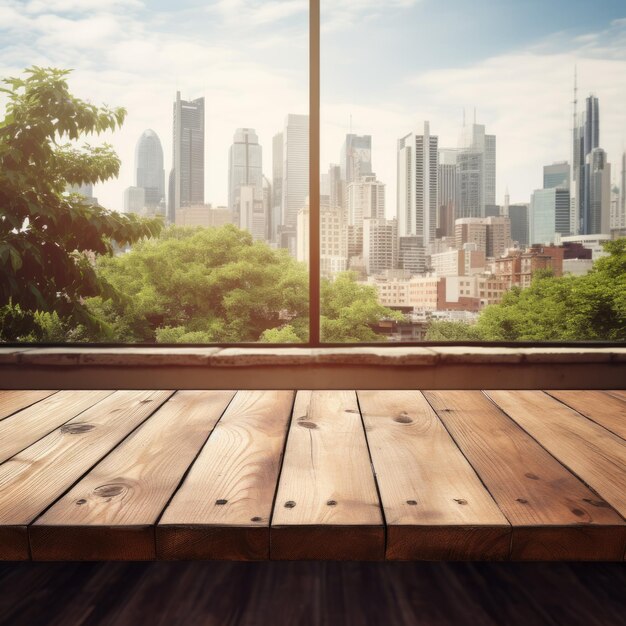 Una mesa de madera vacía con vista a la ciudad