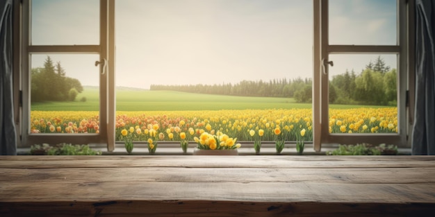 Mesa de madera vacía con vista a la naturaleza desde el fondo de la ventana Ai generativo