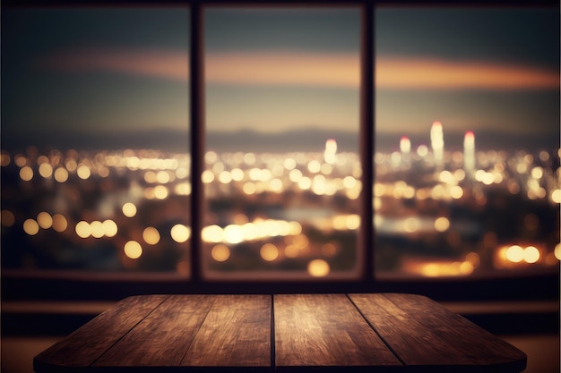 Mesa de madera vacía con vista de ventana grande a través del fondo del paisaje urbano