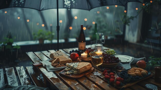 Una mesa de madera con una variedad de quesos frutas y vino Hay una vela encendida y un paraguas abierto en la mesa Está lloviendo afuera