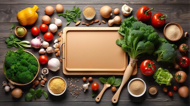 Una mesa de madera con una variedad de verduras, especias y nueces dispuestas en ella