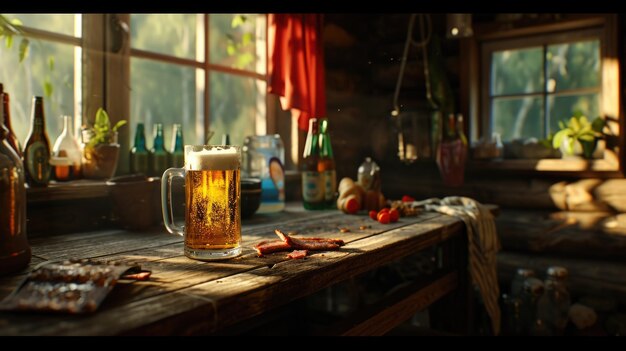 Foto mesa de madera con un vaso de cerveza