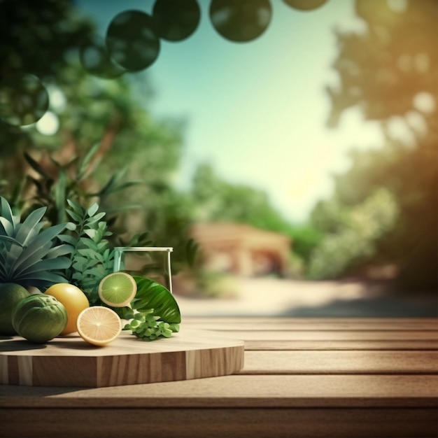 Una mesa de madera con un vaso y una planta encima.