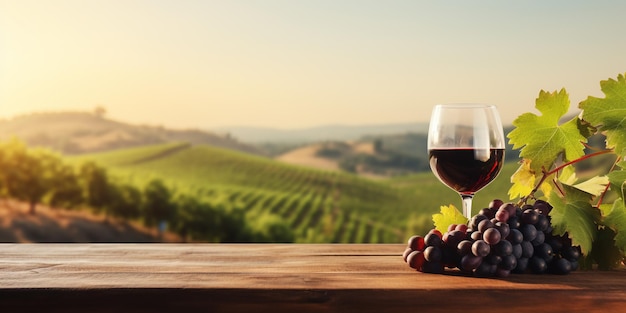 Mesa de madera con un vaso de vino en el fondo borroso del paisaje del viñedo