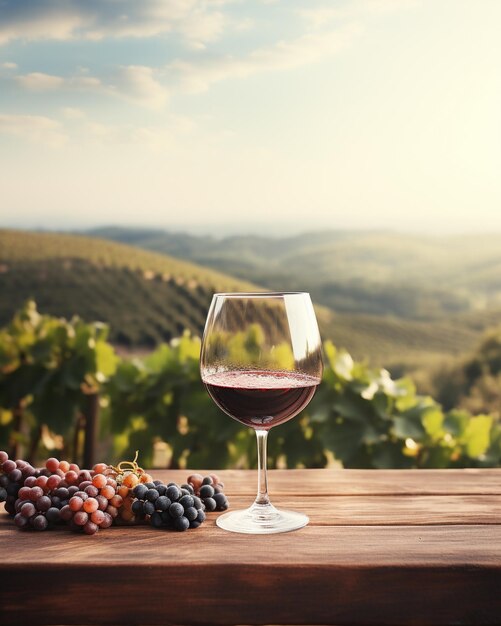 Mesa de madera con un vaso de vino en el fondo borroso del paisaje del viñedo