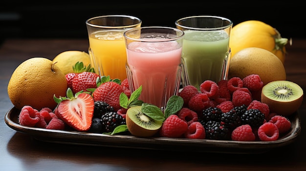 mesa de madera con vasos de diferentes jugos y frutas frescas sobre un fondo blanco