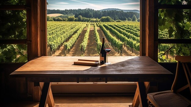 Foto una mesa de madera con una ventana abierta que da a una zona de viñedos ia generativa