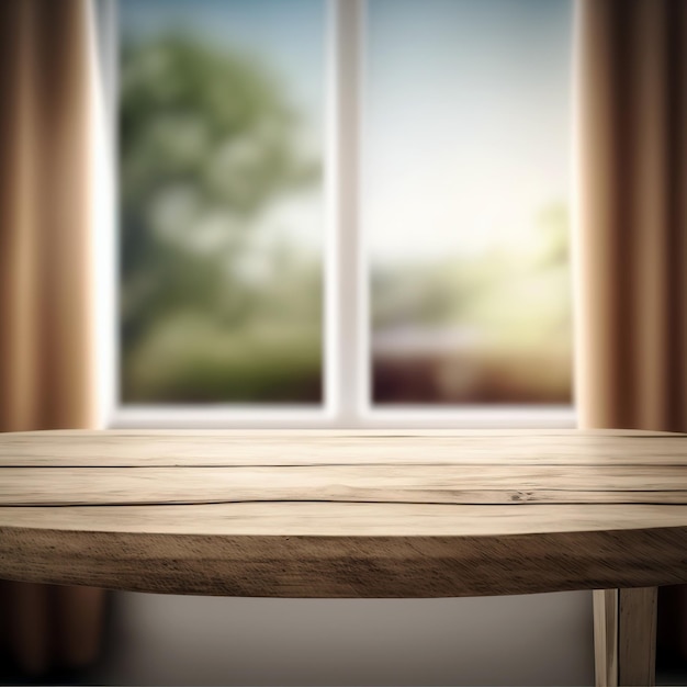 Mesa de madera en ventana desenfocada con cortina