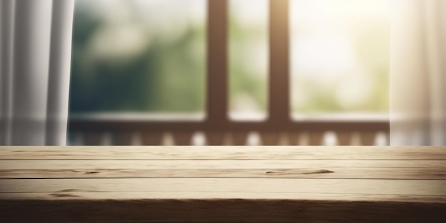 Mesa de madera en ventana desenfocada con cortina