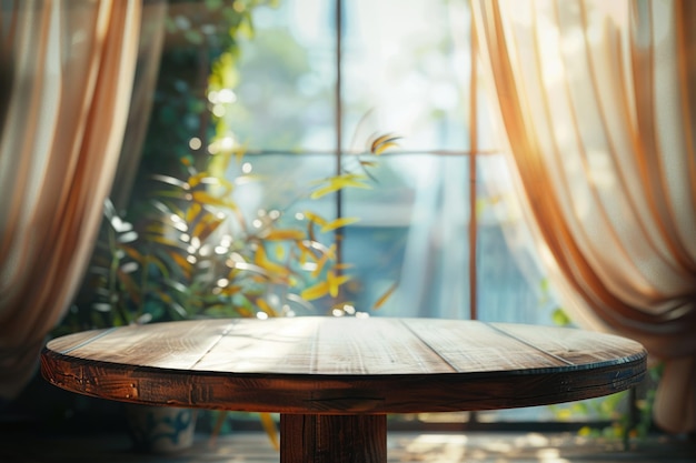 Mesa de madera en una ventana desenfocada con fondo de cortina