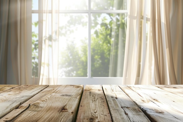 Mesa de madera en una ventana desenfocada con fondo de cortina