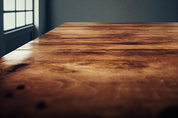 Una mesa de madera con una ventana detrás