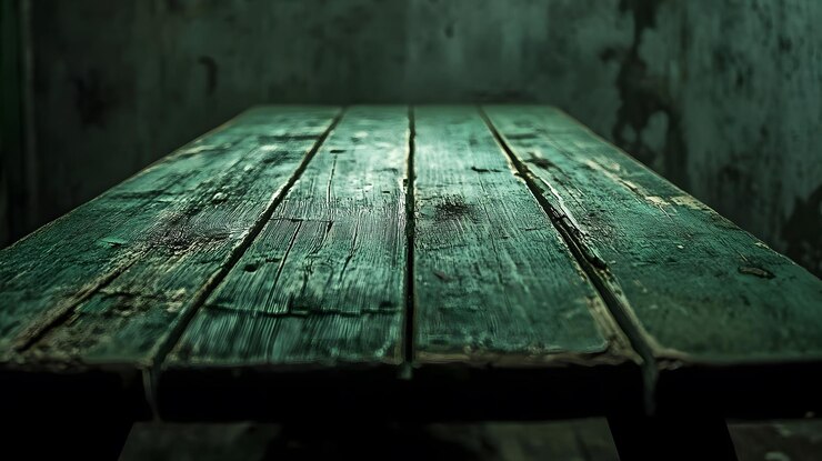 Mesa de madera verde en la oscuridad