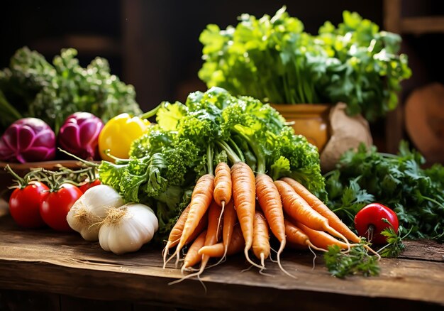 Mesa de madera con las verduras frescas más variadas del campo Concepto de alimentos saludables generado por la IA
