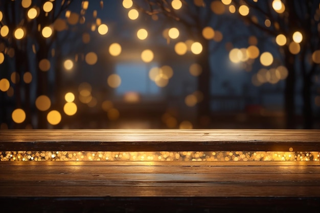 Mesa de madera vieja de 3D con vistas a las luces bokeh doradas