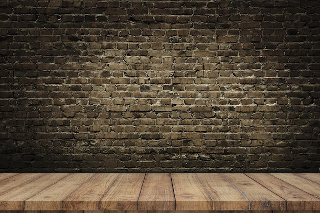 Mesa de madera vieja habitación pared de ladrillo