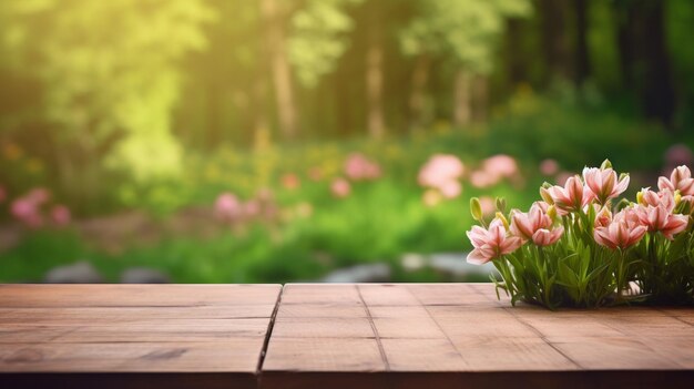 Mesa de madera vieja y vacía con jardín de primavera verde fresco en el fondo