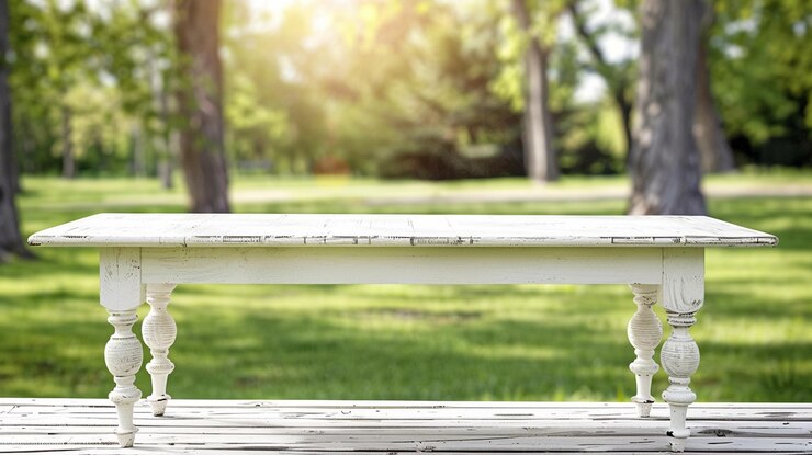 Mesa de madera vintage blanca vacía sobre el fondo borroso del parque naturaleza pancarta para el montaje de exhibición de productos primavera y verano Generar Ai