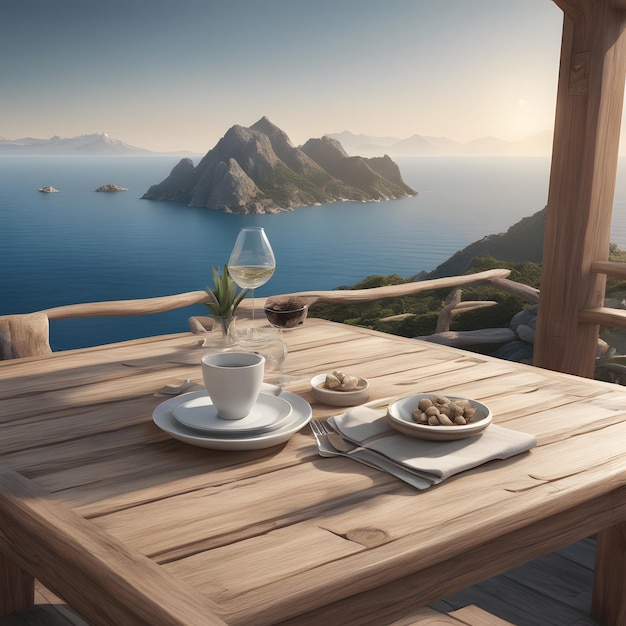 mesa de madera con vista al mar rocas de montaña fotografía 3d realista