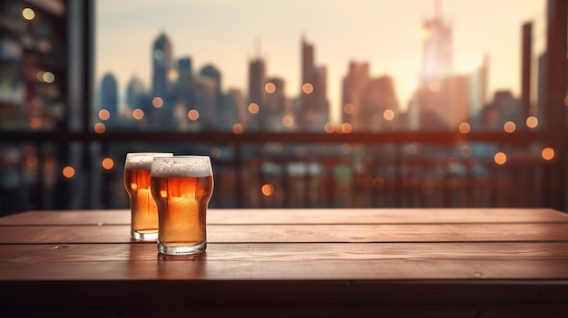 mesa de madera con una vista borrosa de bebidas en el fondo de la barra