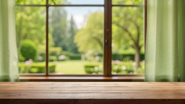 Una mesa de madera con una vista del jardín a través de una gran ventana