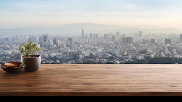 Mesa de madera con vista panorámica de la ciudad