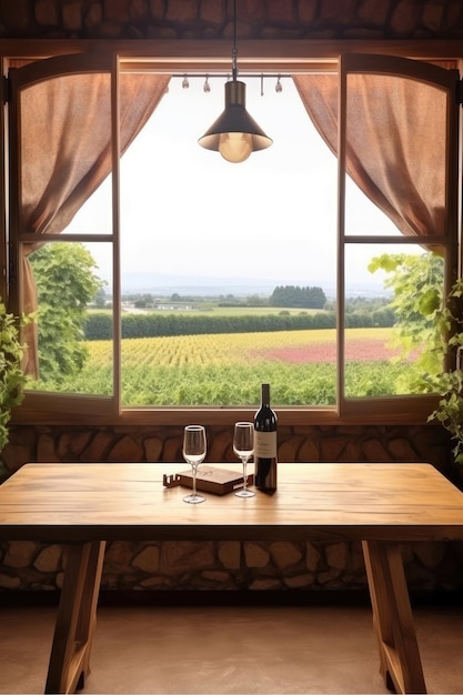 La mesa de madera y la vista del viñedo crean una plantilla de presentación IA generativa
