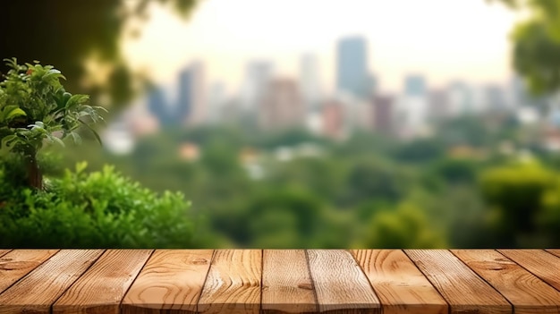 Una mesa de madera con vistas a la ciudad de fondo.