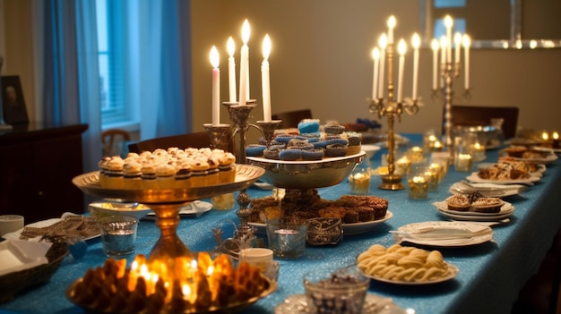 Una mesa con un mantel azul y un plato de galletas encima.