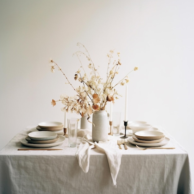 Una mesa con un mantel blanco y un jarrón con flores.