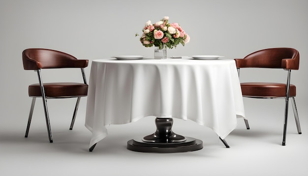 una mesa con un mantel blanco y un mantel con flores en ella