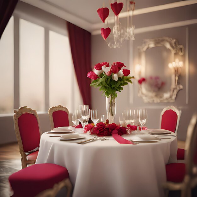 Foto una mesa con un mantel blanco y rosas rojas en ella