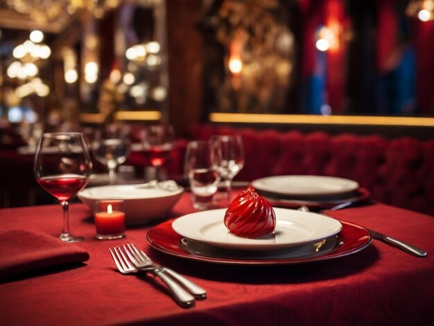 una mesa con un mantel rojo y un mantel Rojo con vasos de vino y velas