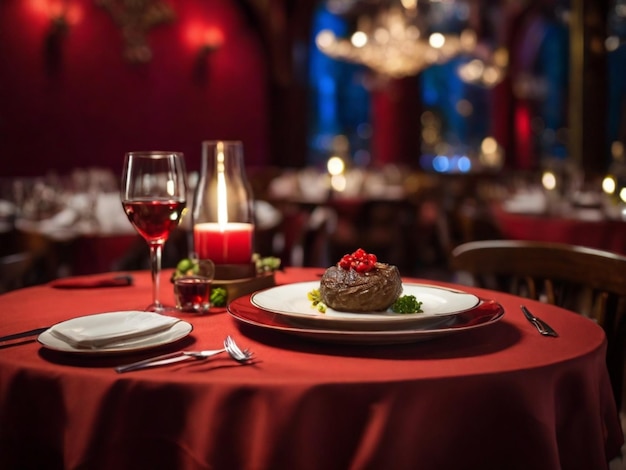 una mesa con un mantel rojo y un plato con vidrios de comida y vino