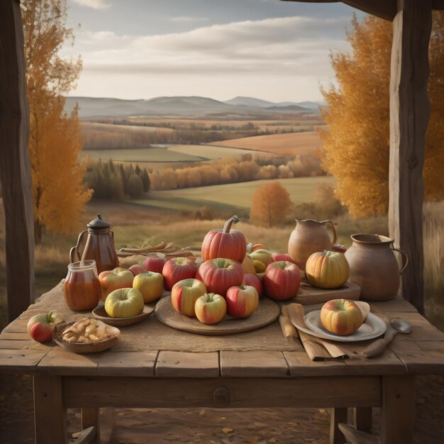 una mesa con manzanas y un plato de manzanas encima